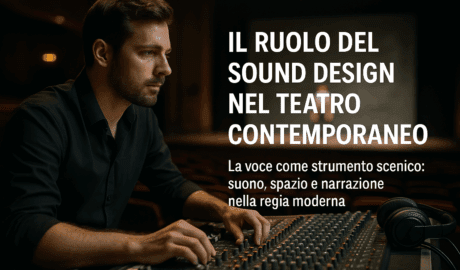 Scena teatrale immersiva con luci soffuse e elementi sonori in evidenza, rappresentazione visiva del sound design moderno