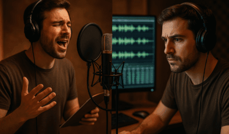 Attore in studio di registrazione tra spontaneità e perfezione nel doppiaggio