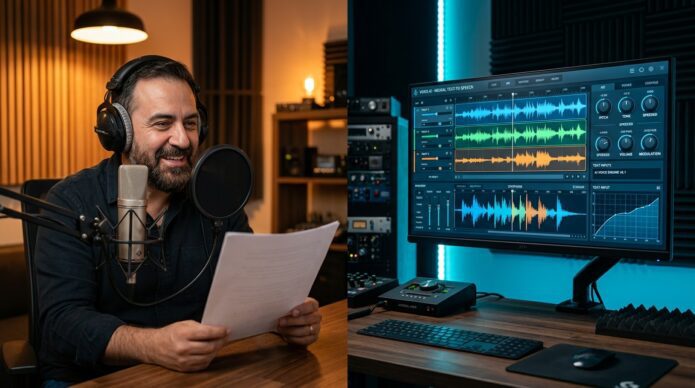 Speaker umano in studio di registrazione a confronto con tecnologia AI per voce sintetica