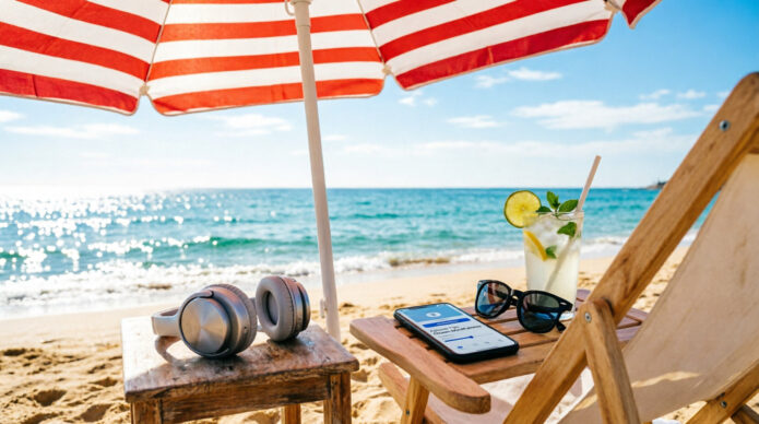 Ombrellone in spiaggia con smartphone e cuffie per ascolto di audiolibri e podcast in estate