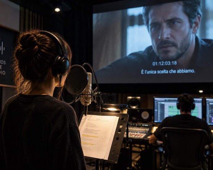 Attore impegnato in una sessione ADR di doppiaggio professionale davanti a un microfono da studio, mentre sincronizza i dialoghi con una scena cinematografica sul monitor.