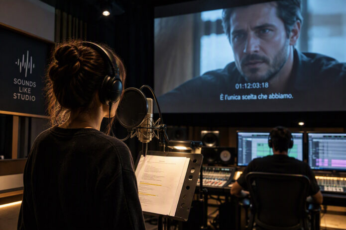Attore impegnato in una sessione ADR di doppiaggio professionale davanti a un microfono da studio, mentre sincronizza i dialoghi con una scena cinematografica sul monitor.