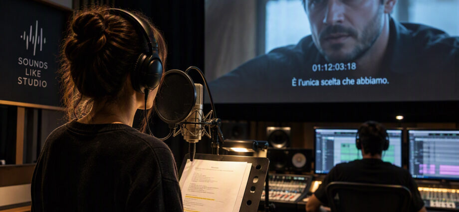 Attore impegnato in una sessione ADR di doppiaggio professionale davanti a un microfono da studio, mentre sincronizza i dialoghi con una scena cinematografica sul monitor.