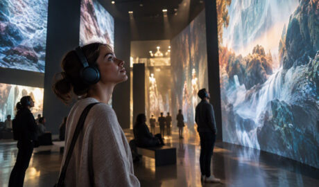 Visitatori all'interno di un museo immersivo mentre vivono un'esperienza multimediale arricchita da narrazione vocale e progettazione sonora professionale