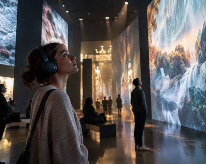 Visitatori all'interno di un museo immersivo mentre vivono un'esperienza multimediale arricchita da narrazione vocale e progettazione sonora professionale