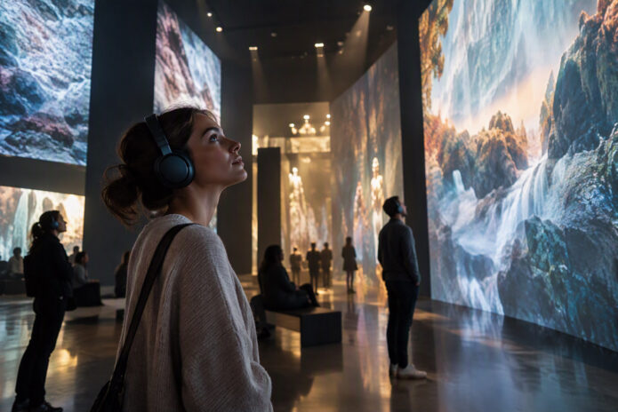 Visitatori all'interno di un museo immersivo mentre vivono un'esperienza multimediale arricchita da narrazione vocale e progettazione sonora professionale