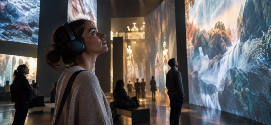 Visitatori all'interno di un museo immersivo mentre vivono un'esperienza multimediale arricchita da narrazione vocale e progettazione sonora professionale